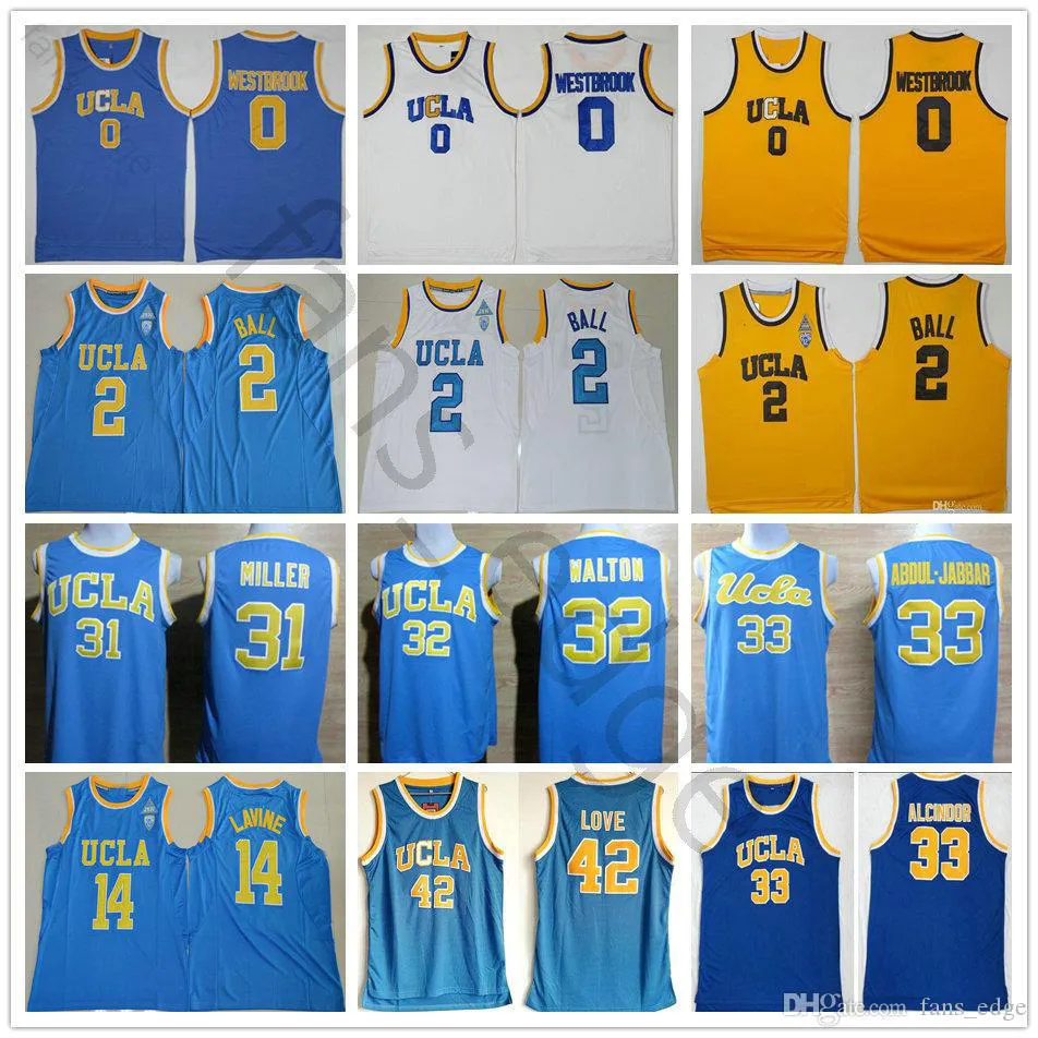 NCAA UCLA Bruins College Basketball Jerseys Russell 0 Westbrook Lonzo 2 Ball Reggie 31 Miller 32 Walton 42 Love