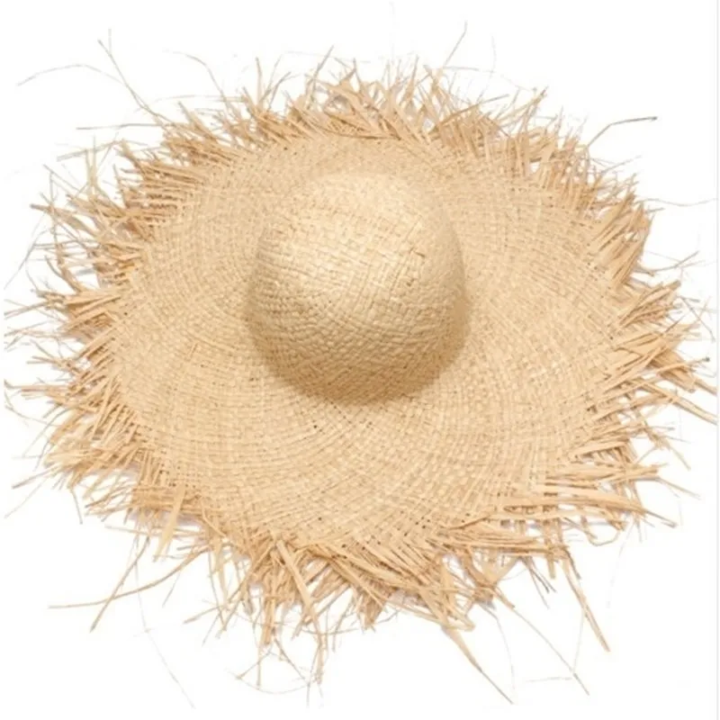 Natuurlijke grote brede rand Raffia strohoeden Geweven Cirkel Fringe Beach Cap Summer Hol Grote Stro Hat Y200102