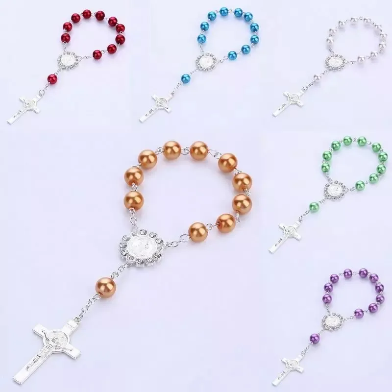 Imitation Pearl Pärlor Rosary Armband Katolsk bön Dopning Baptized Cross Pendants Armband Kvinnor Religion Smycken