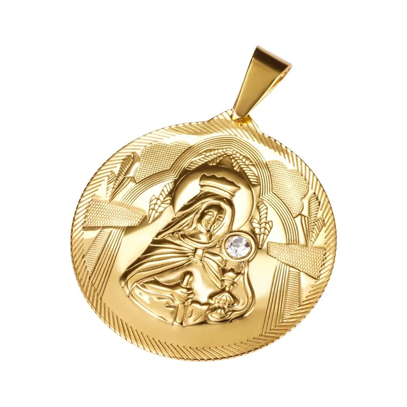 Stainless Steel Virgin Mary Pendant Necklace Round Religious Charm For ...