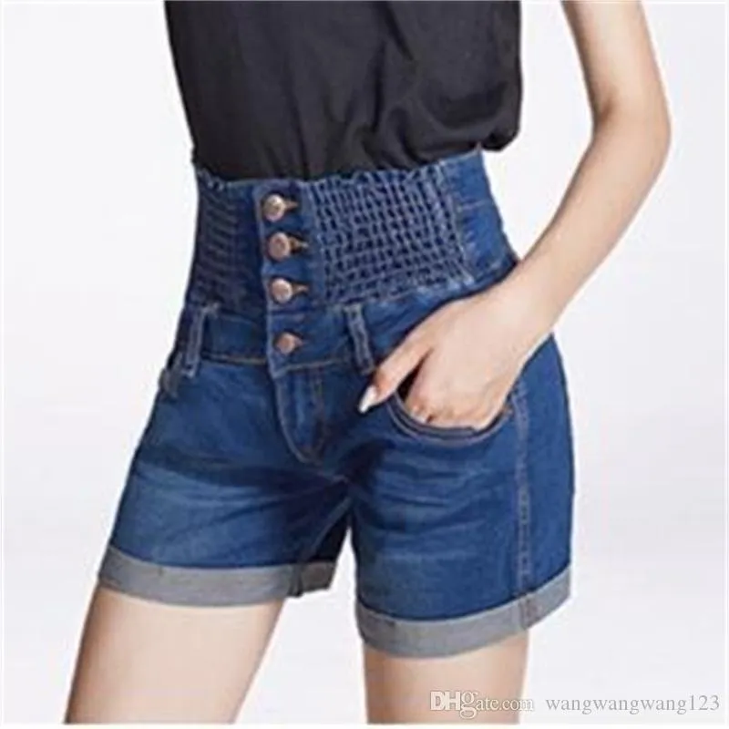 Zomer dames shorts broek trend lady high taille elastische band slanke korte jeans blauwe katoen denim patchwork pocket knoppen hete shorts