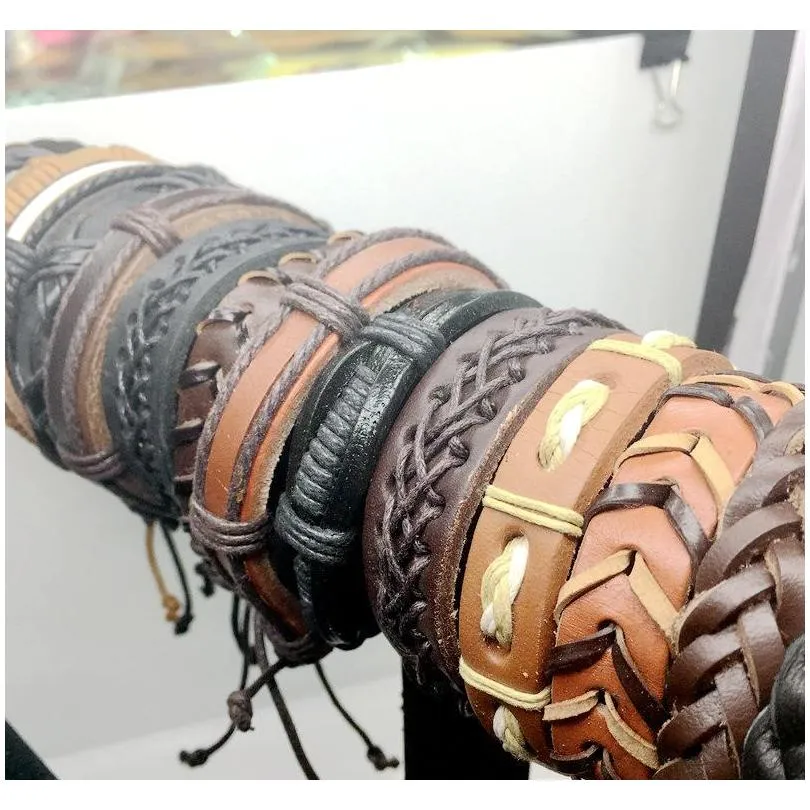 20pcs lots vintage mens genuine leather surfer bracelet cuff wristband fashion jewelry gift mixed style bracelet