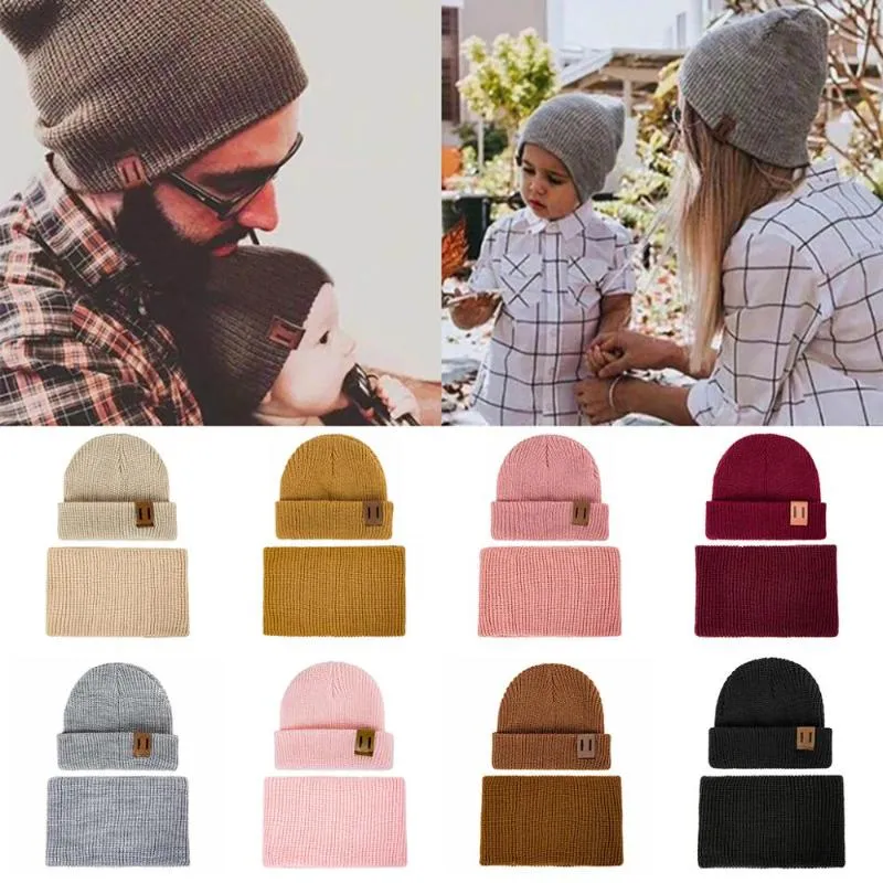 Atacado - Chapéu de Inverno do Outono das Mulheres e Lenço Set Feijão de Malha Chapéus Cachecol para Crianças Beanie Chapéu Homens Pai-Criança 2 Peças