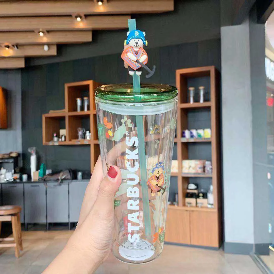 2021 Starbucks Латинские американские кофейные кружки Фермер медведь Стеклянная соломенная Кубок Летнее Большой Емкость6nw