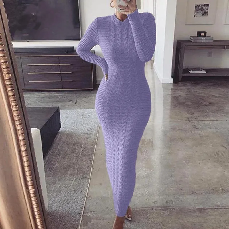 Günlük Elbiseler Kadın Sonbahar Kış Kazak Elbise Ekstra Uzun Katı Örgü Kollu Kadın İnce Bodycon