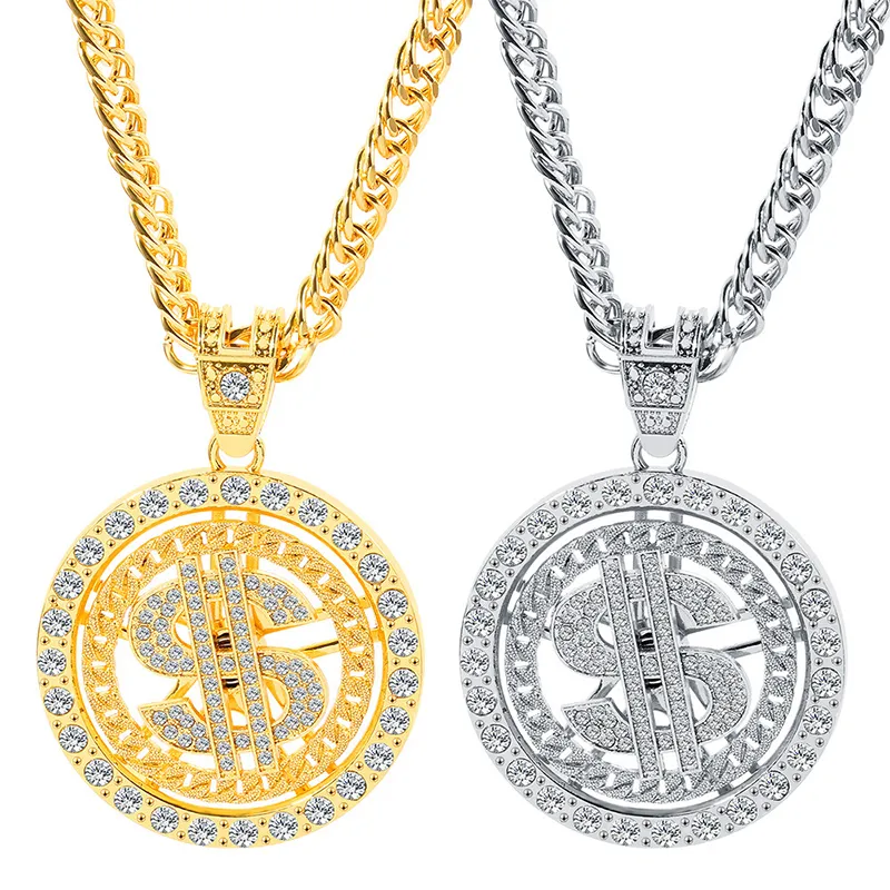 Creative Dollar Pendentif Collier Diamant Clouté Dollar Rotatif En Métal Hip Hop Colliers De Mode Bijoux Accessoires