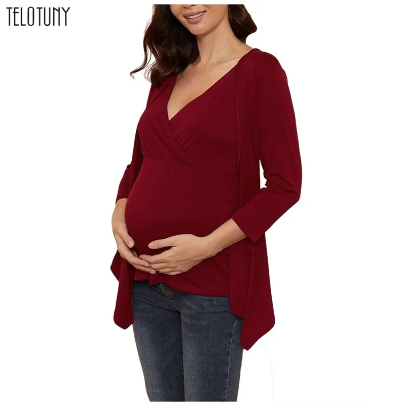 Telotuny Kvinnor Maternity Blouse Gravidy Långärmad V-Neck Nursing T-shirt Topp för ammande Casual Graviditet Kläder L911 LJ201123