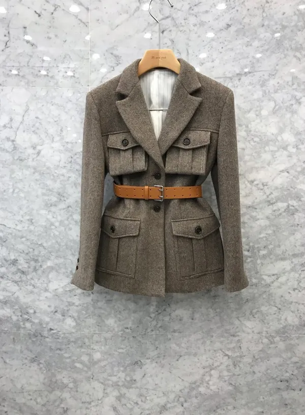 New Women Fashion Brown Color Wool Coat Under Rowlar Sashes Slim Desinger Weist Woolen Casacos smlxlxxl