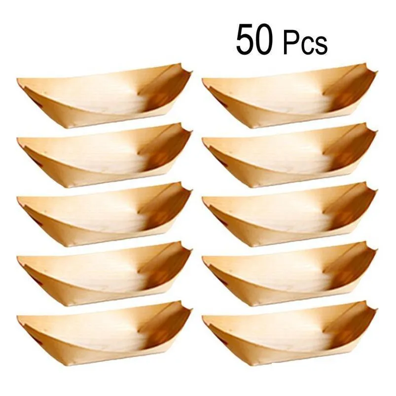 50pcs de barco descart￡vel Bandeja de madeira Birch natural de madeira serve pratos para alimentos lanches petiscos pzlr0