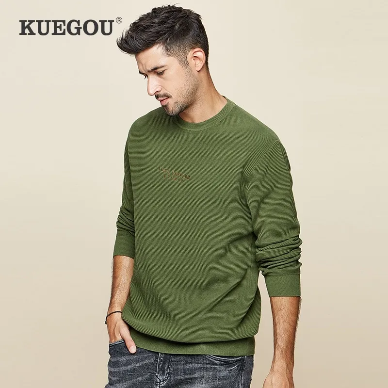 KUEGOU 100% Katoen herfst winter heren truien eenvoudige Breien trui borduren truien mannen top plus size BZ-12596 201022