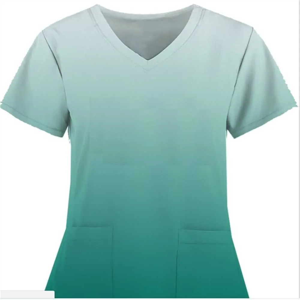 Degrade Renk Kadın Hemşirelik Scrubs T Gömlek Kısa Kollu Üniformalar V Yaka Cep Hemşire Tişörtleri Tops Ben Hemşirelik Tıbbi Öğrenci RN Tee Gömlek Ter Gömlek GQ2LN6J