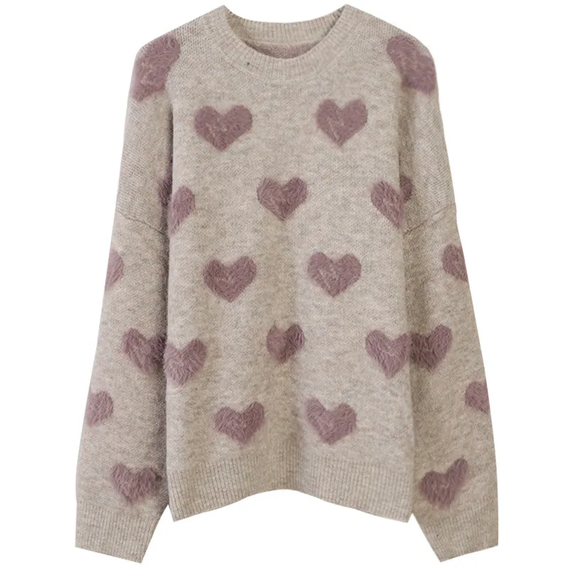 HLBCBG Heart Pattern Knit Pull Pull Femmes Jumper Hiver Coréen Kawaii Mignon À Manches Longues Pull Moelleux Femme 210203