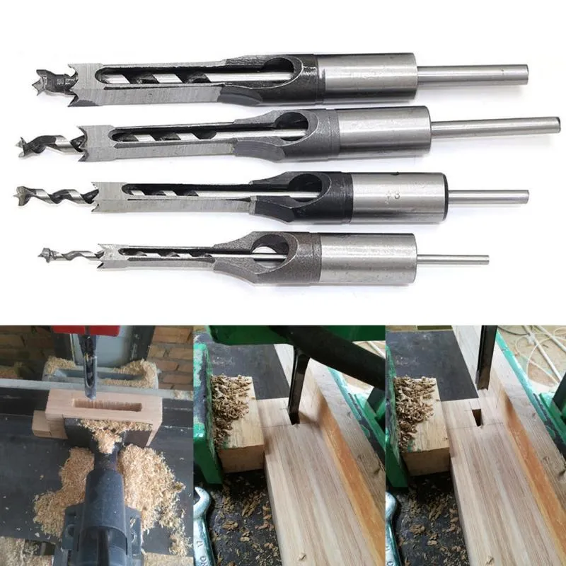 6.4mm/8mm/9.5mm/12.7mm 4pcs/set Hollow Square Hole Saw Mortiser Chisel Auger Drill Bit Woodworking Tool
