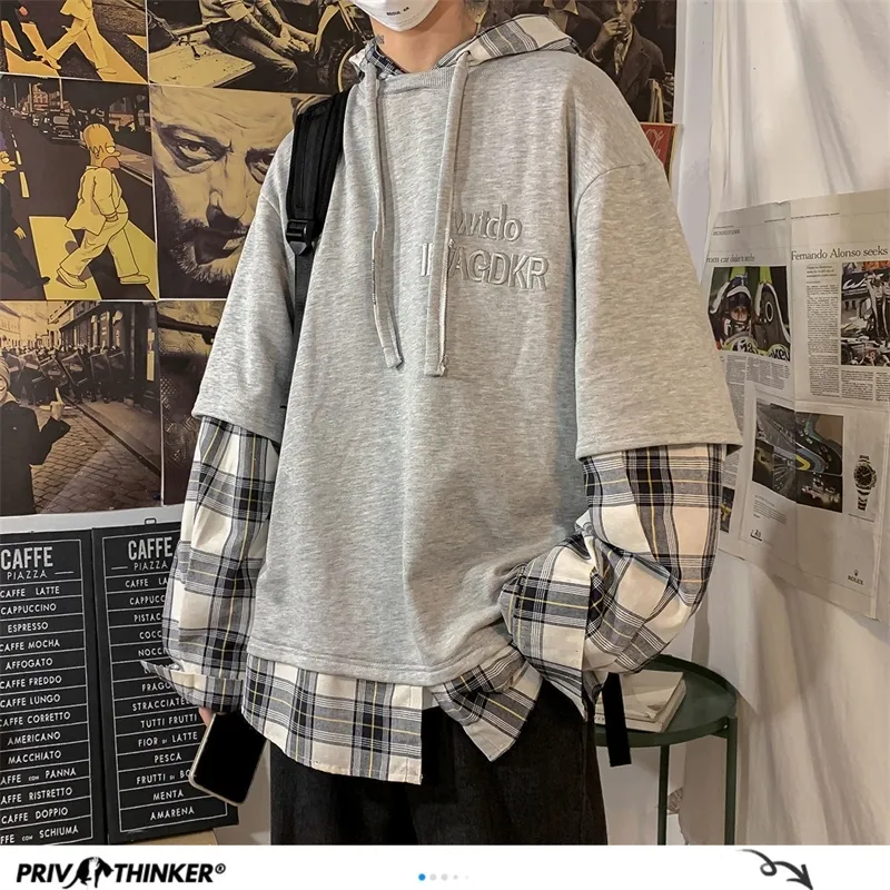 Privathinker Koreańscy Mężczyźni Plaid Bluzy Oversized Man Casual Luźne Bluzy Z Kapturem Moda Sprawdzone Mężczyźni Swetry Bluzy 201104