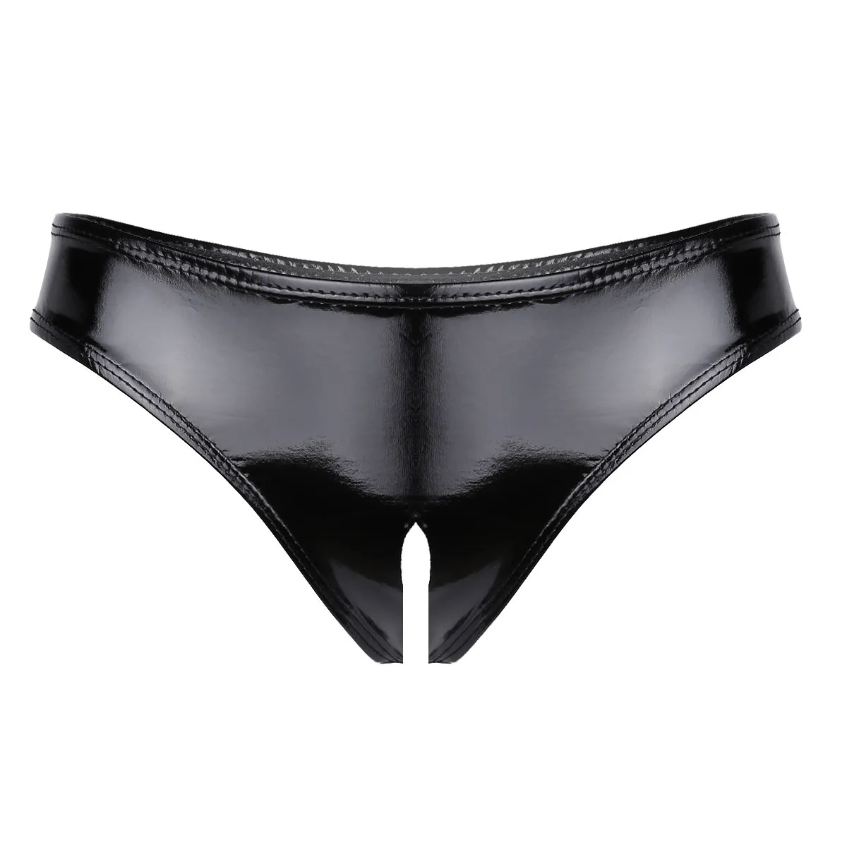 Sexy Black Patent Leather Latex Briefs With Open Crotch And Open