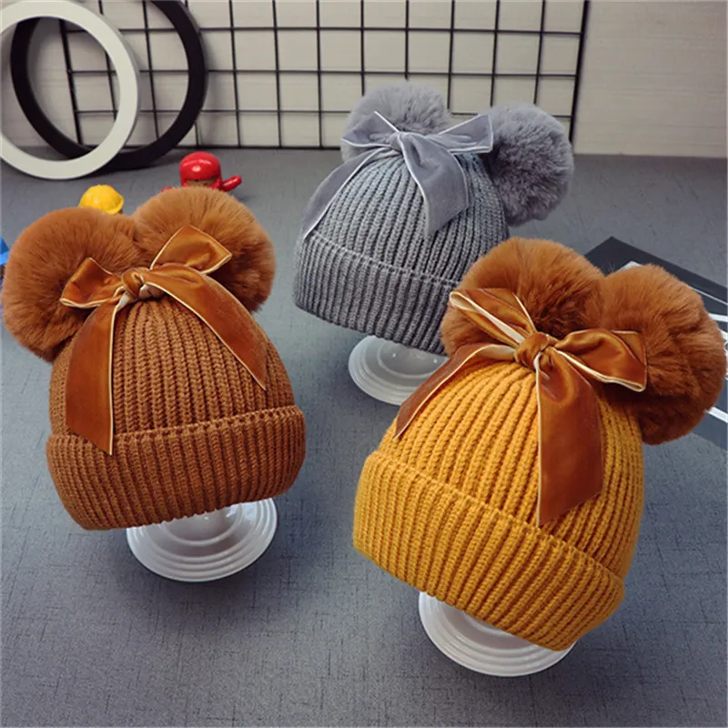 9styles Cute Double Fur Ball Bow Hats Baby Pom Pom Beanie Cap Toddler Kids Baby Girls Winter Warm Crochet Knitted Party Hat Caps