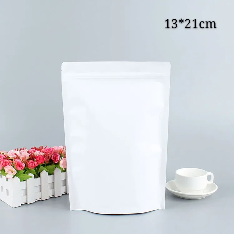 13 * 21 cm 100 adet Beyaz Kraft Kahve Kağıdı Mylar Ayakta Ambalaj Çanta Zip Kilit Fermuar Mühür Alüminyum Folyo Paket Torbalar Açılır
