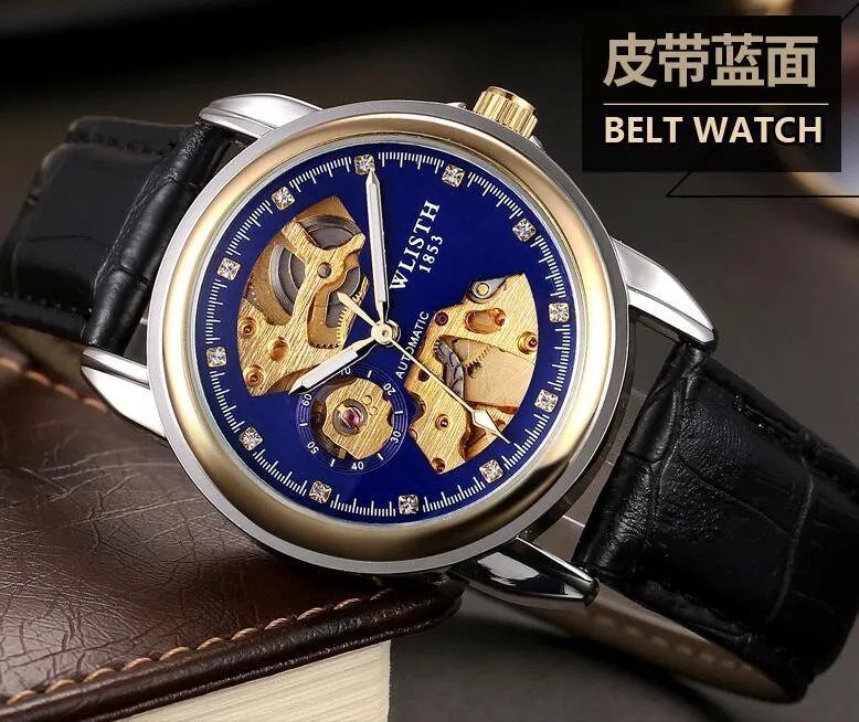 Racing WLISTH 201 Men blue leather Business waterproof luminous transparent hollow men's automatic machinery