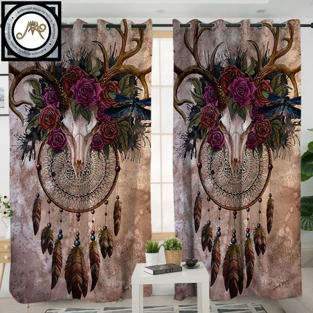 Mystery Skull Dreamcatcher by Sunimaart Gordijn voor Woonkamer Roses Bloemen Blackout Venster Gordijn Gothic Retro Drapes LJ201224