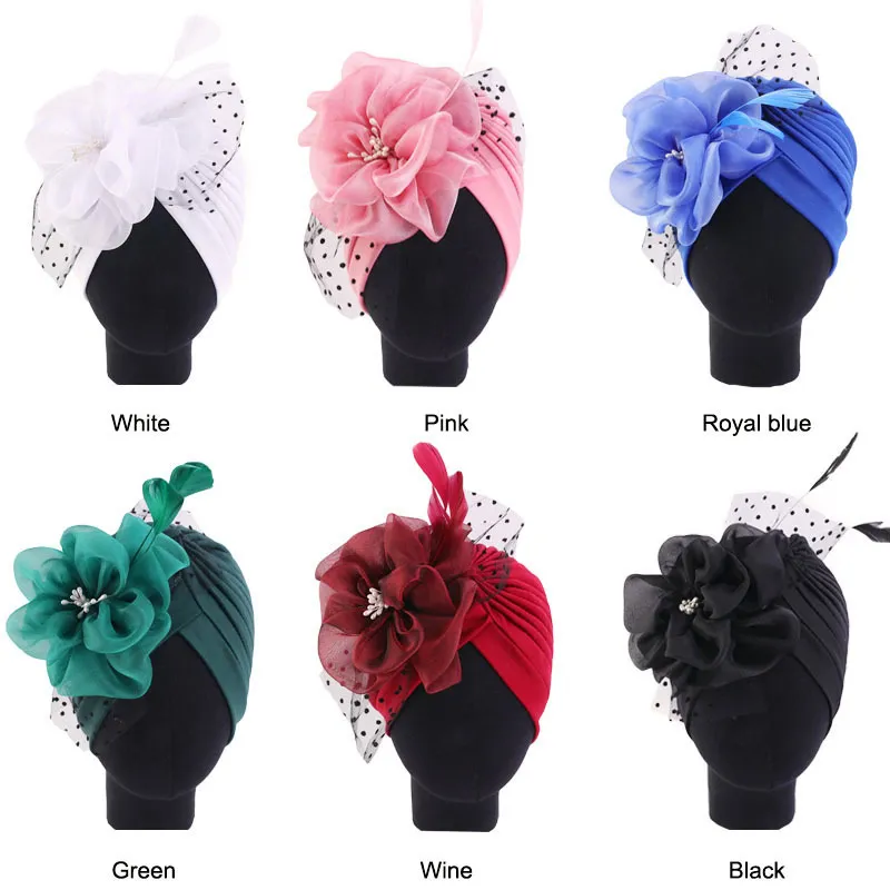 2022 Цветок перьев Турбаны Bridal Элегантная вечеринка Свадебный головной капот Готов носить Hijab Cap Lady Accessorents