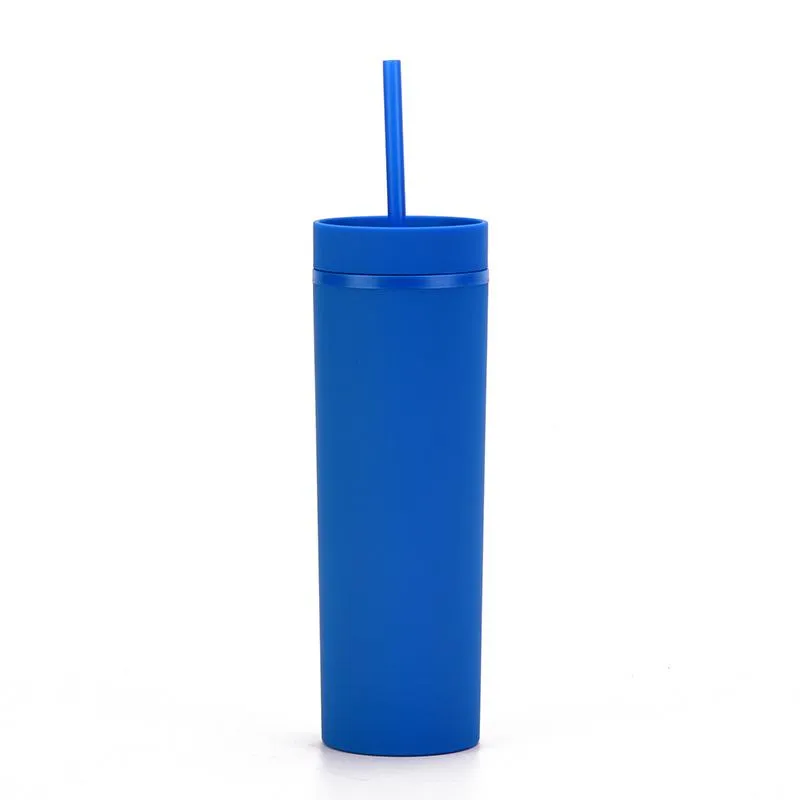 High Quality 16oz Mugs Double Layer Plastic Frosted Rubber Paint Water Cup Straight Body Straw Cup XG0379-1