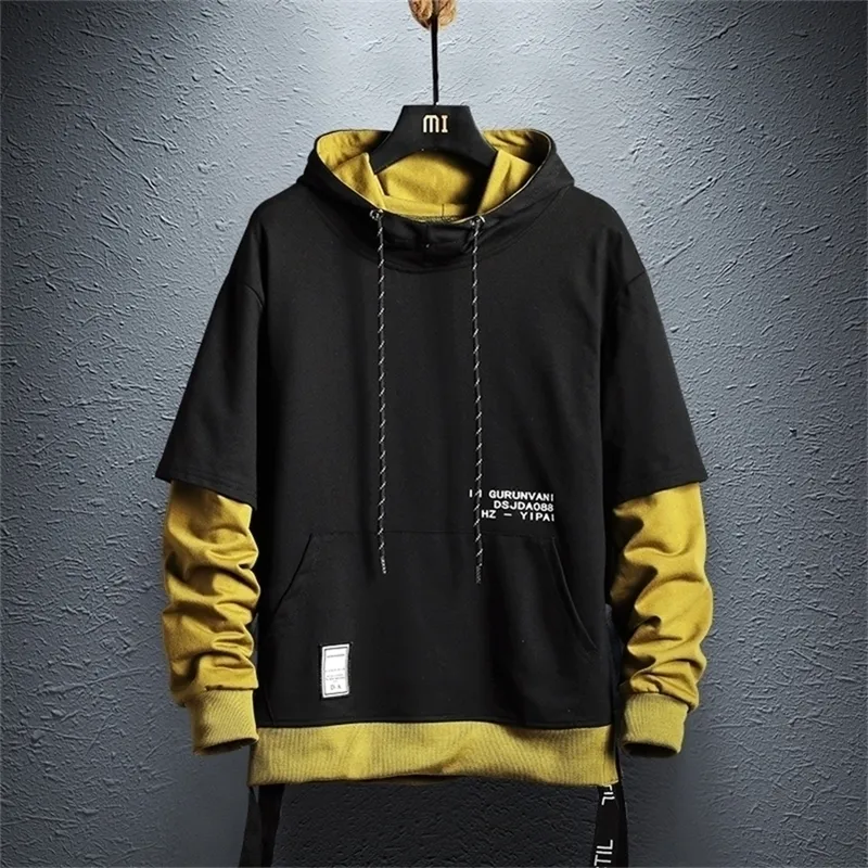 Men s Black Yellow Colorblock Hoodie Sweatshirt Casual Patchwork Cotton Hip Hop Pullover Hoodies 2024 Streetwear Fashion Clothes