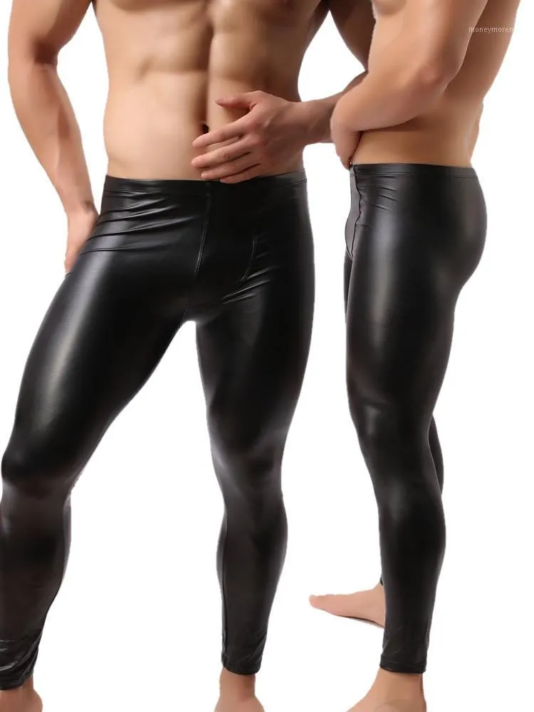 Herrenhosen Großhandel-Mode Herren Schwarz Kunstleder Lange Hosen Sexy Und Neuheit Dünne Muskelstrumpfhosen Leggings Slim Fit Enge Männer Hose1