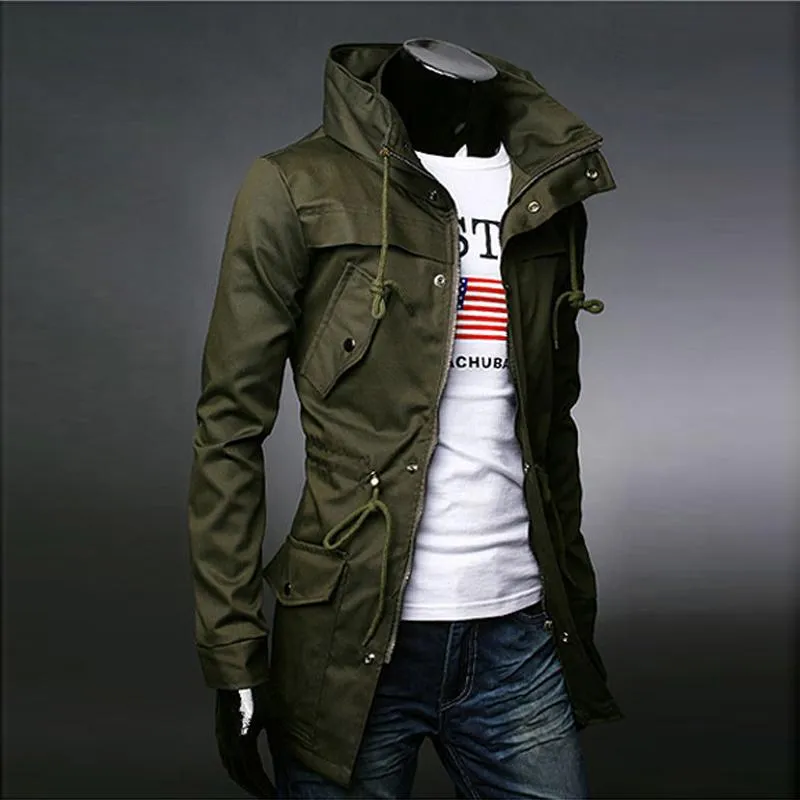 2021 England Style Tactical Hooded Trench Coat High Collar