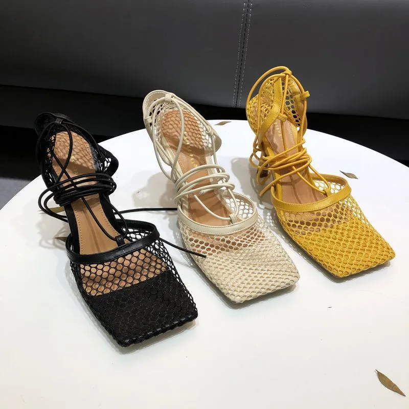 Sandals Sexy Black Net Lace Up High Heels Women Sheep Leather Square Toe Designer Party Shoes Chic Ankle Strap Summer 231107