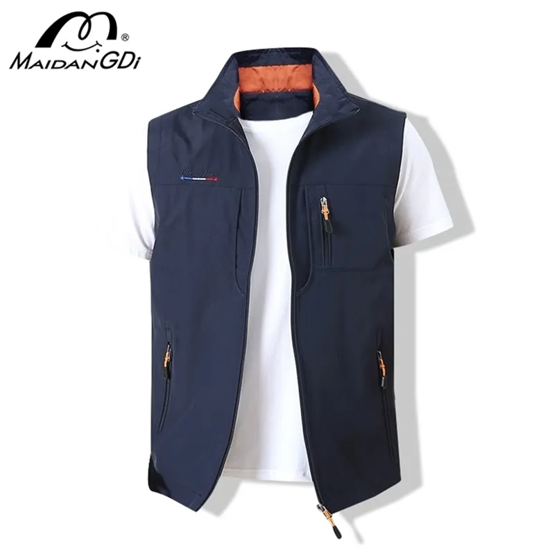 Maidangdi 남성용 웨이스트 코트 재킷 조끼 여름 단색 스탠드 스탠드 칼라 등반 하이킹 작업 소매 220124