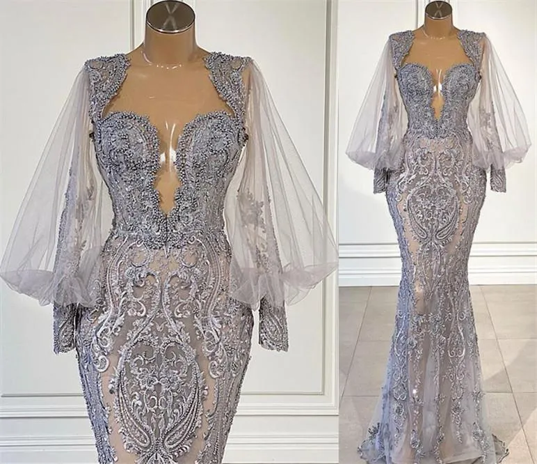 Silver Lace Pearls Långärmad kvällsbild Klänningar 2022 Illusion Långärmad Arabisk Aso Ebi Mermaid African Prom Dress Vestidos Robe
