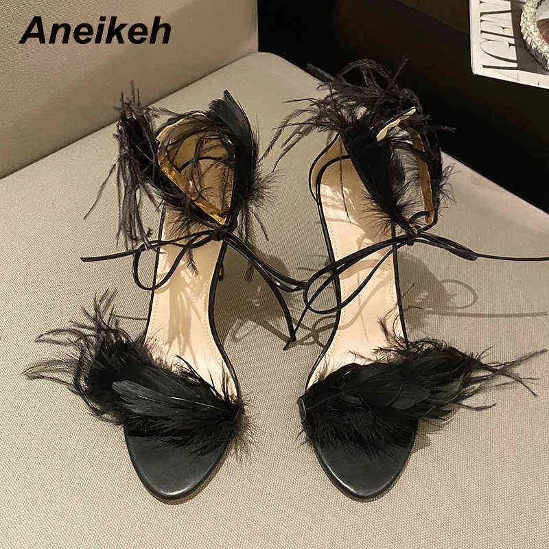 Aneikeh 2022 Yeni PU Moda Peep Toe Sandalet kadın Yaz Ince Topuklu Ayakkabı Parti Seksi Temel Katı Tatlı Tüy Zarif Beyaz Y220209