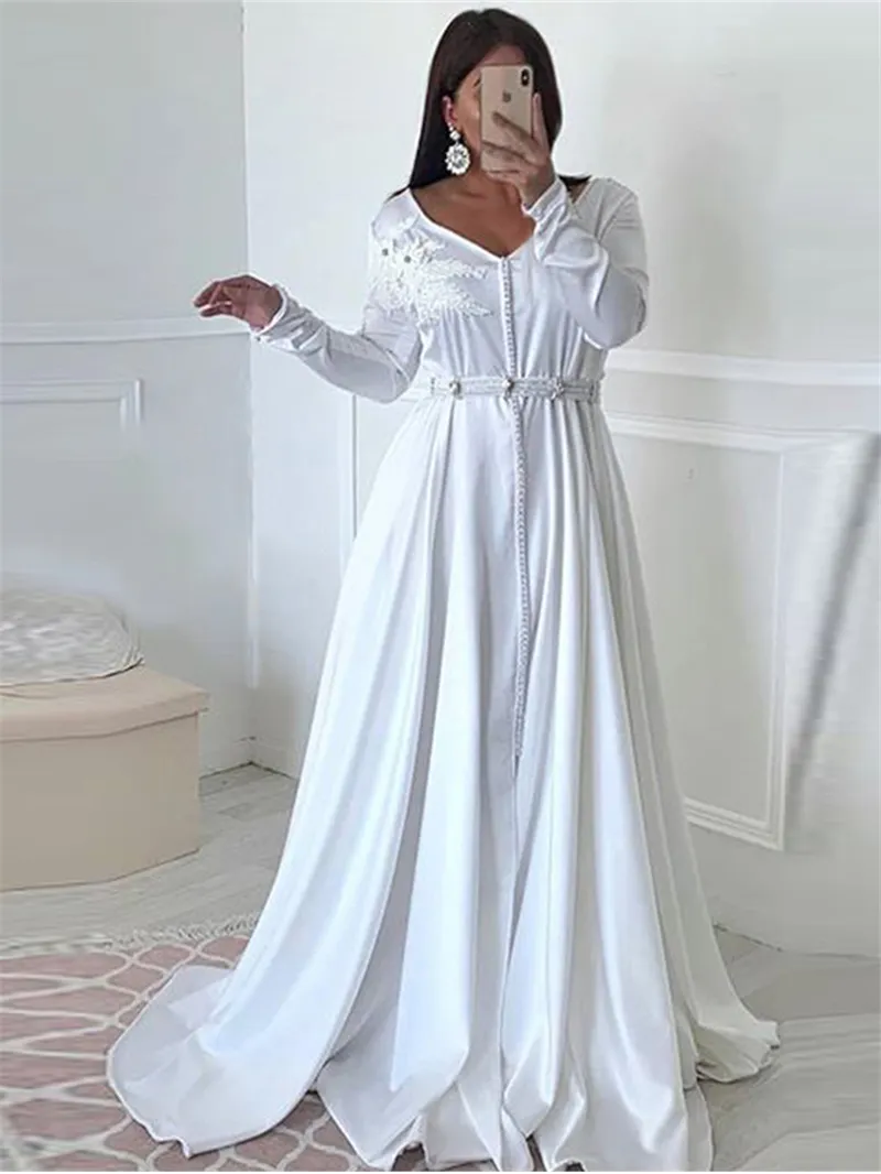 Caftan marocain blanc robes de mariée formelles avec manches longues perles robes de novia col en v profond robes de mariée dentelle appliques 2021