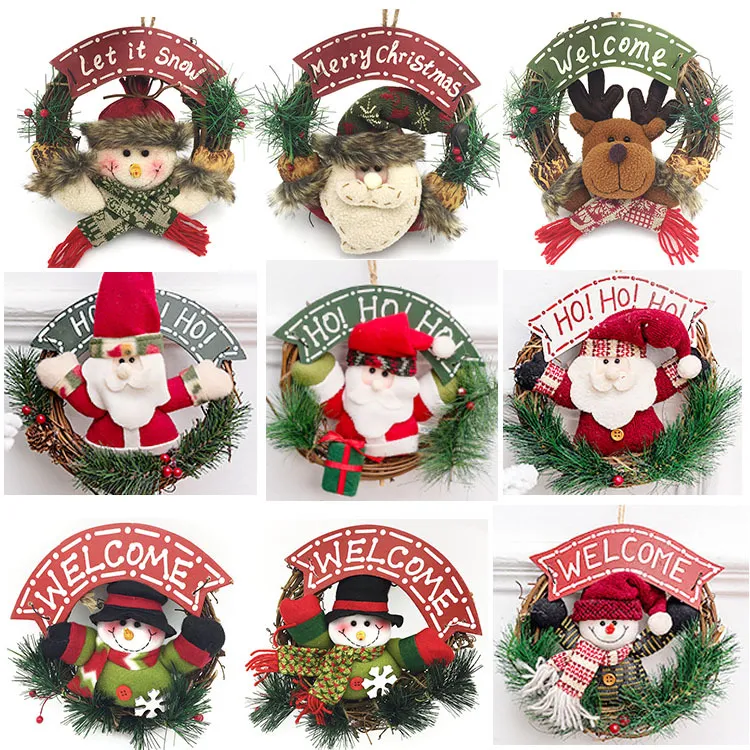 Wooden Christmas Wreath Santa Claus Vine Circle Door Christmas Decorations Snowman Elk Doll Wreath Door Hanger XD24091