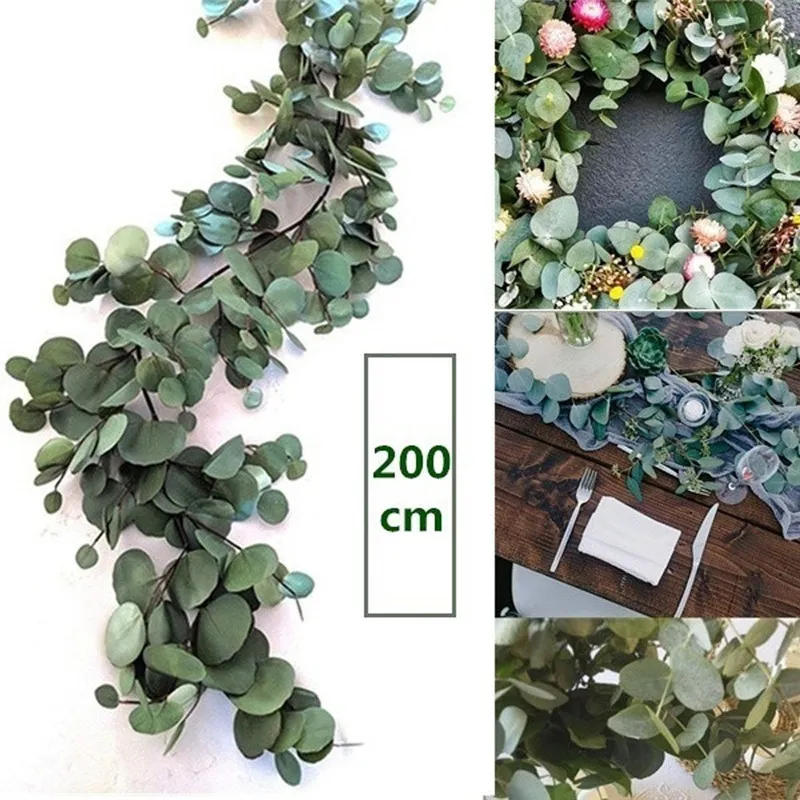 2m Décoration de mariage Artificial Vert Eucalyptus Vignes Rattan Artificielle Faux Plantes Pierre Vitrine Verre Décor Vertical Garden 1029