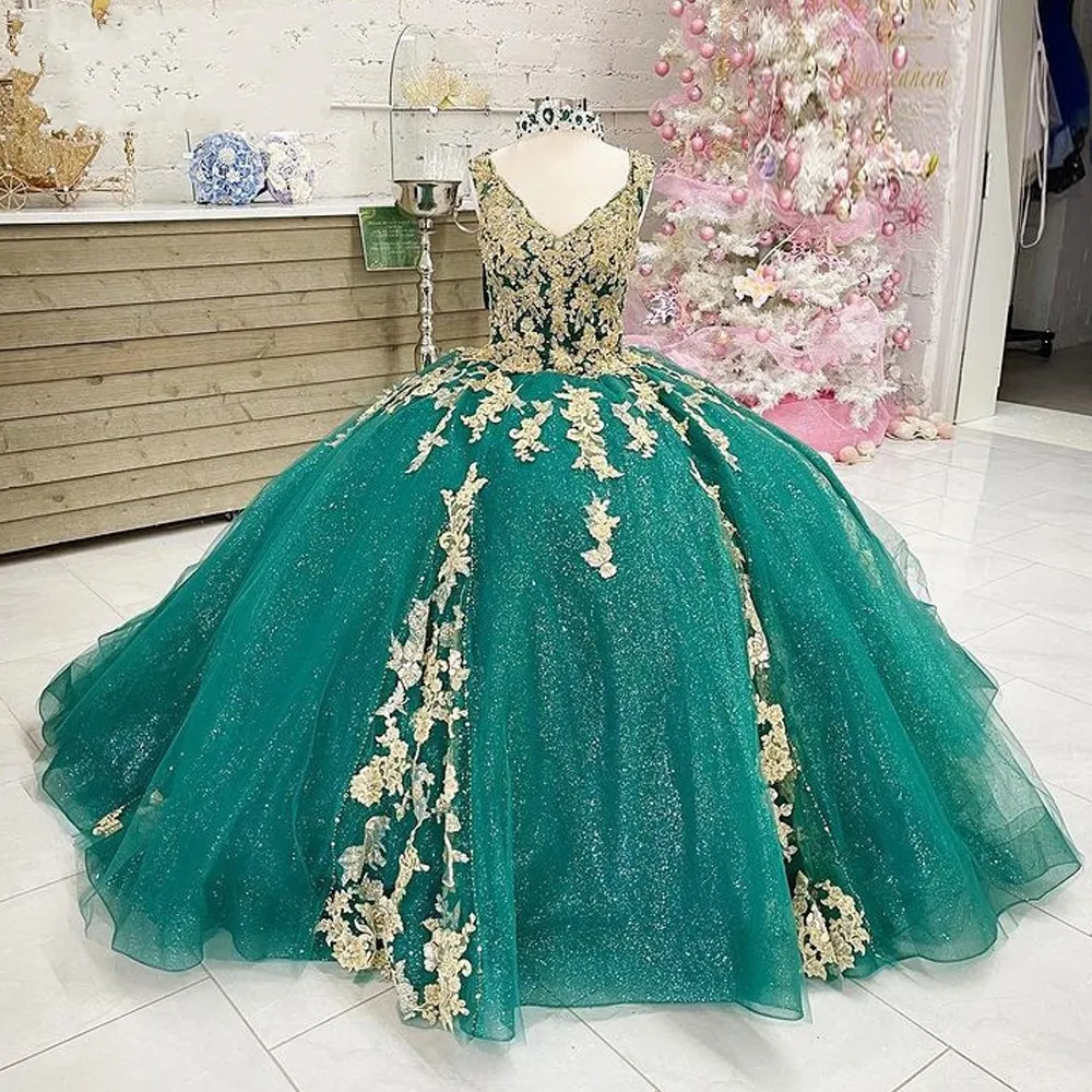 Gold Embroidered Beaded Quinceanera Dresses Emerald... From Lovemydress,  $80.41 | DHgate.Com