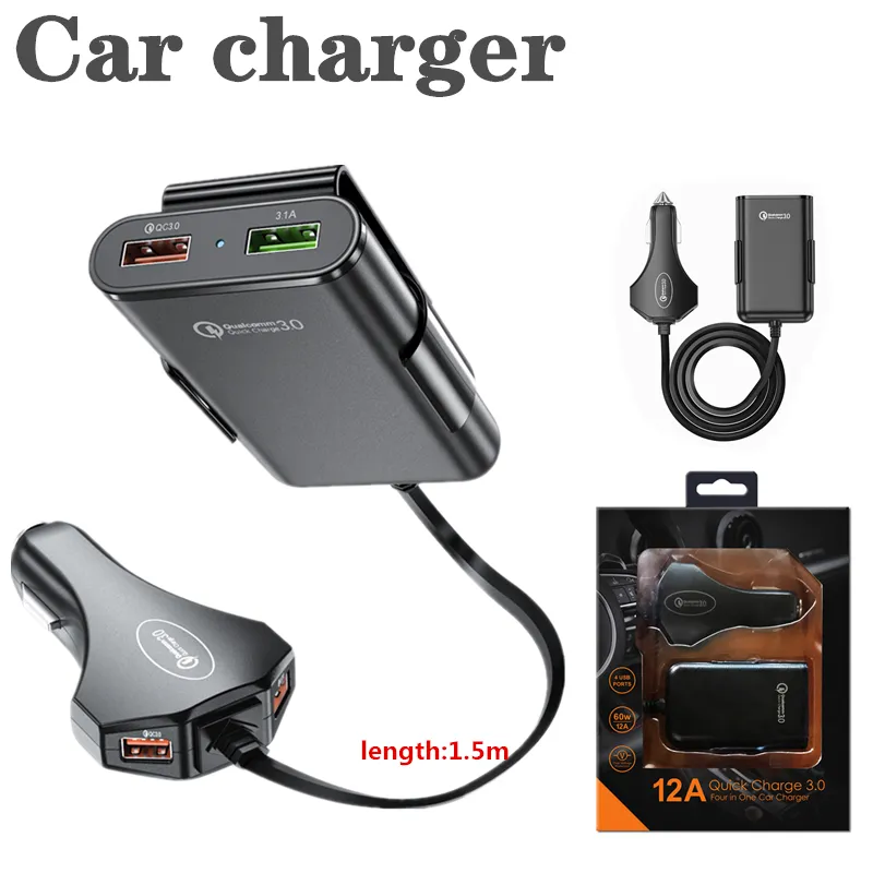 4 Port USB QC 3 0 Araç Şarj Hızlı Şarj 3 0 Telefon Araba Hızlı Ön Geri Şarj Adaptörü Araba Portatif Paket Ile Taşınabilir Şarj Fiş