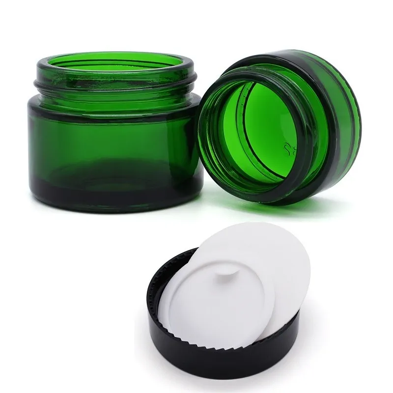 Tarro de cristal verde 2020, tarros de crema para bálsamo labial cosmético, tubo de ensayo de vidrio redondo con revestimiento interior de PP, tarro cosmético de 20g 30g 50g