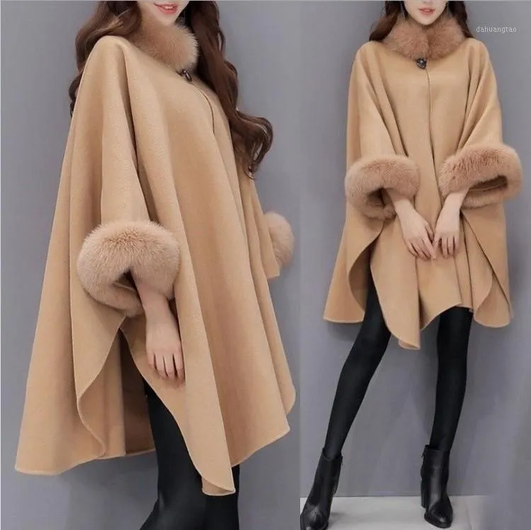 Morra de lã feminina Mulheres Capes Cloak Pele Neck Design Womens Winter Roupa Outerwear Tops Loose Moda Casacos Senhoras S-3XL1