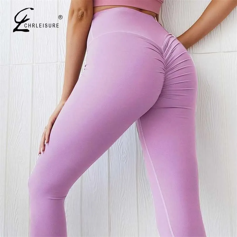 Kadın Tayt Yüksek Bel Push Up Fitness Legging Pantolon Feamle Kırışıklık Sporları Femme 211221