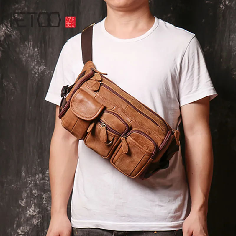 HBP AETOO Vintage make old men's purse, matte leather climbing chest bag, leather one-shoulder stiletto bag.