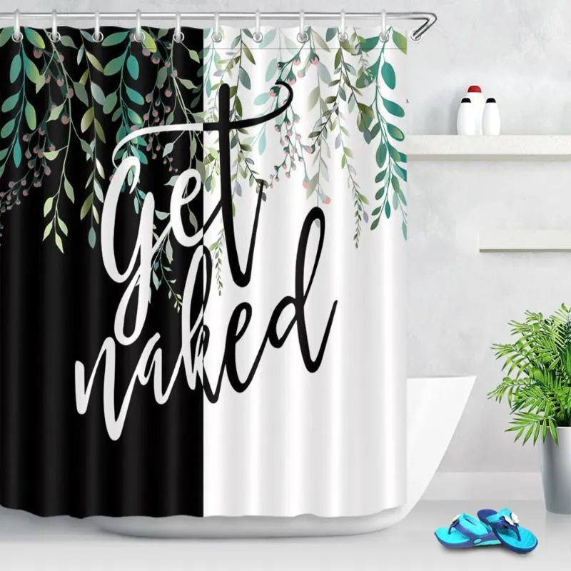 Tende da doccia Tenda a foglie verdi Nero Sfondo bianco Get Naked Funny Bagno Schermi da bagno in tessuto di poliestere impermeabile1