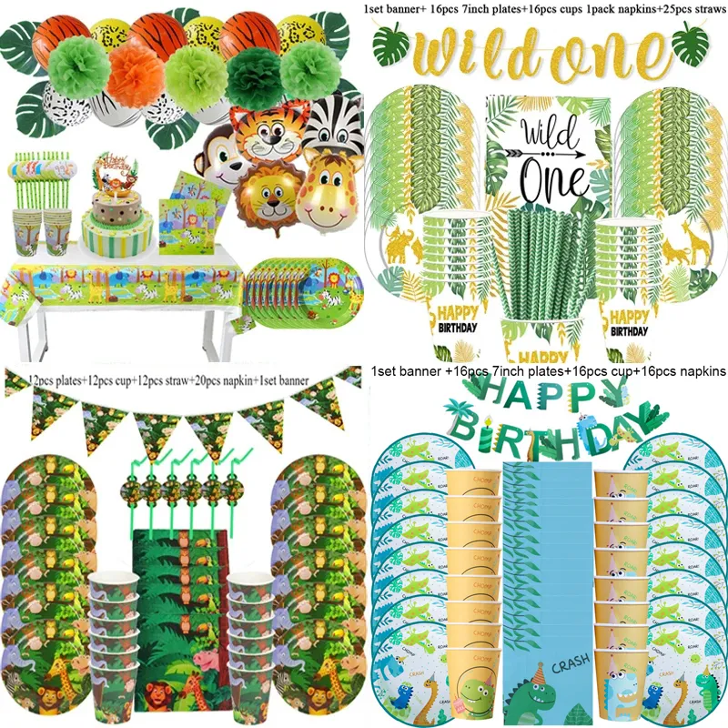 Jungle Birthday Party Decoration Disposable Servies Set Jungle Animal Forest Friends Zoo Theme Supplies Baby Shower Safari 220301