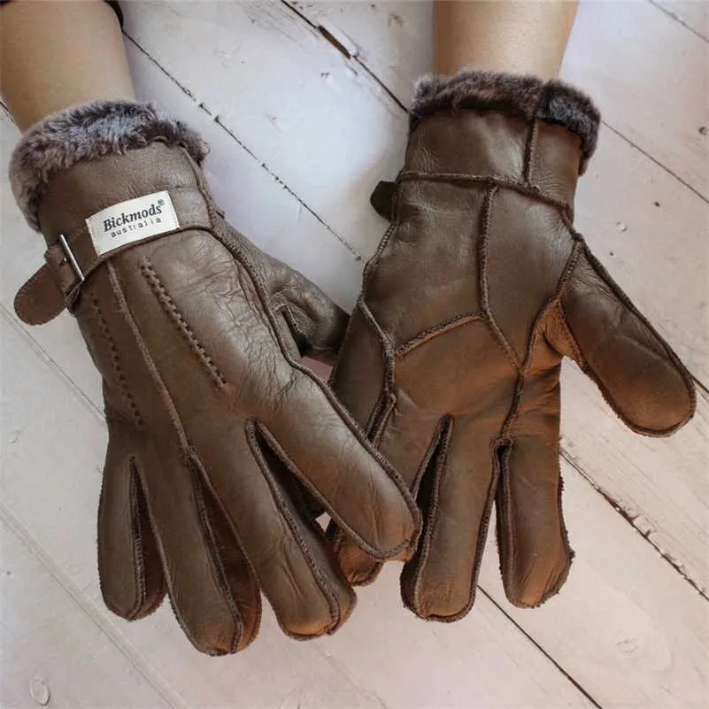シープスキンの毛皮の手袋メンズ厚い冬の暖かいサイズの屋外の防風冷たい手縫いステッチ縫製革の指220111