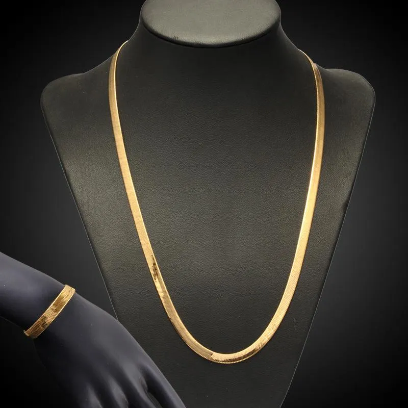 Earrings & Necklace 7mm Classic Style Flat Snake Bone Bracelet Sets Men Women Herringbone Chain Gold Filled Jewelry