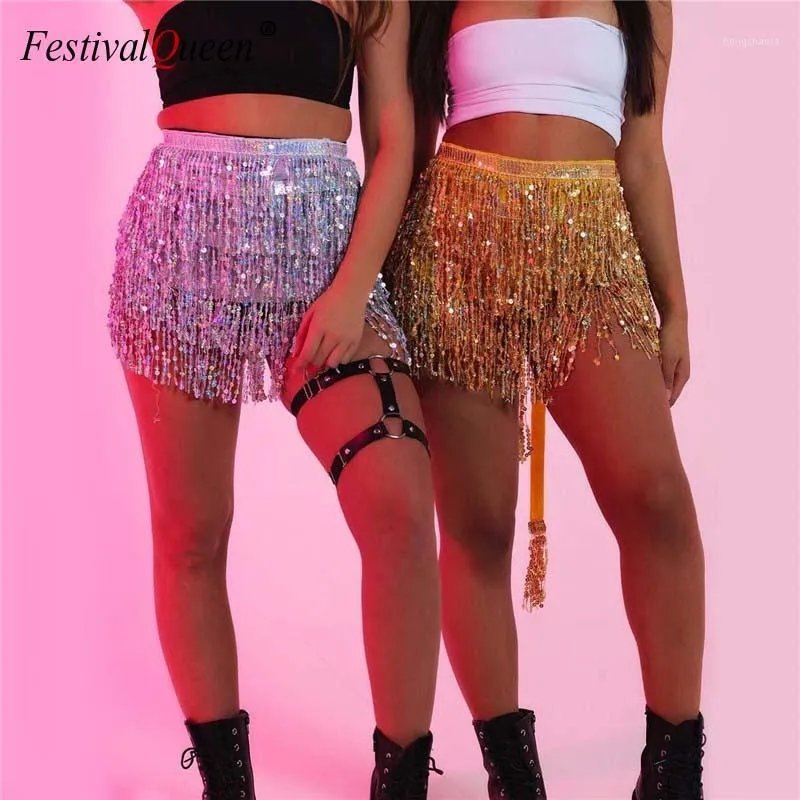 Skirts Sparkle Sequined Tassel Lace Up Shiny Hologram Chiffon Sexy Women Slim Mini Skirt Belly Dance Rave Festival 8 Colors1