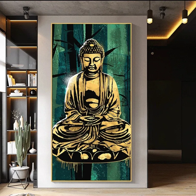 Złoty Medytacja Buddha Statua Obraz Olejny Na Płótnie Plakaty Zielone tło Buddyjski Wall Art Print Obraz Wystrój pokoju