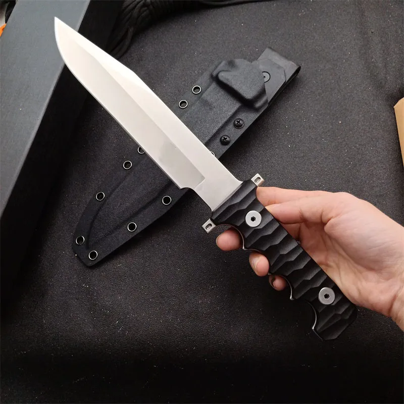 High End Outdoor Survival Tactical Rechte Mes DC53 Satijnen Blade Volledige Tang Zwart G-10 Handvat Vaste Blad Messen met Kydex