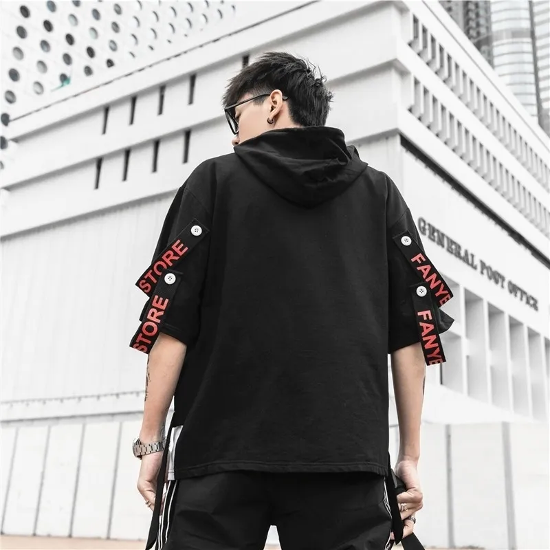 Été manches courtes Harajuku Corée Mode Streetwear One Piece Hip Hop Rock Punk Hommes Noir Rouge Hoodies Sweat Vêtements 201020