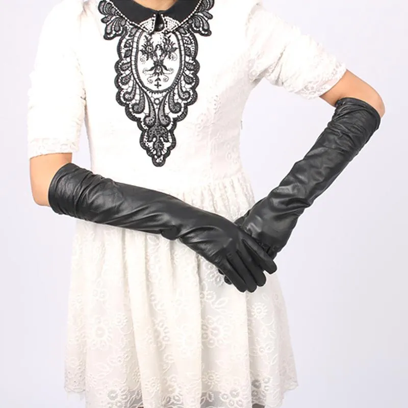 5本の指の手袋PUレザーロング女性冬の暖かいフルフィンガーミトンレディースファッションエレガントな式典ブラックレッド弾性ソリッドグリフ